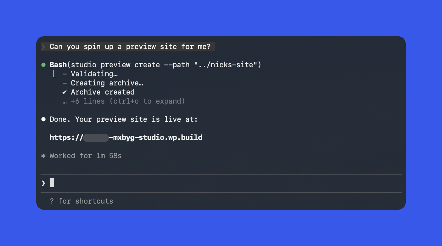 Terminal output showing Studio CLI creating a WordPress.com preview site