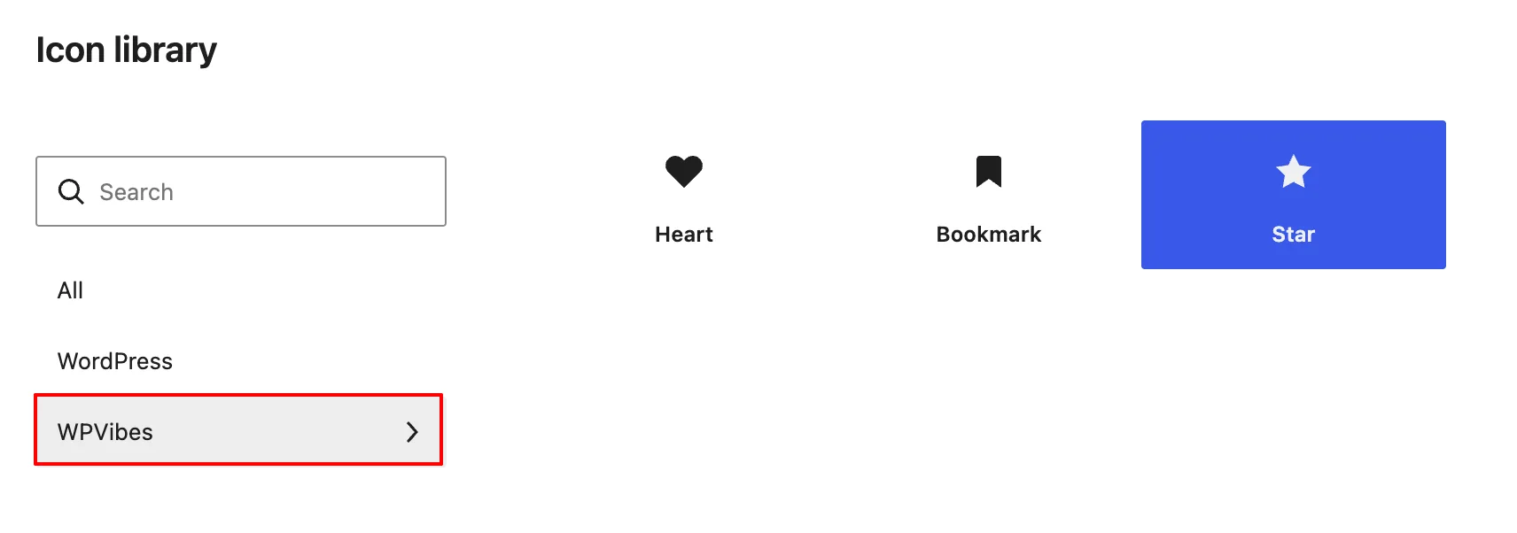Custom icon collection displayed in the WordPress icon block picker