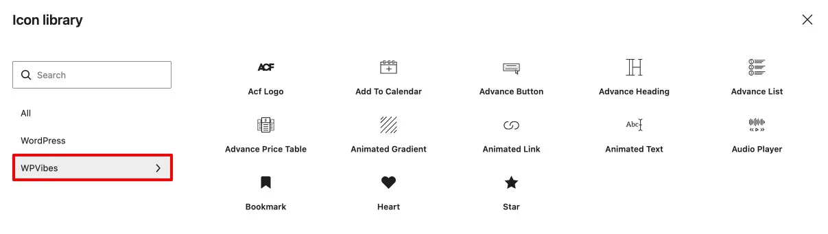 Several custom SVG icons shown in a WordPress icon collection