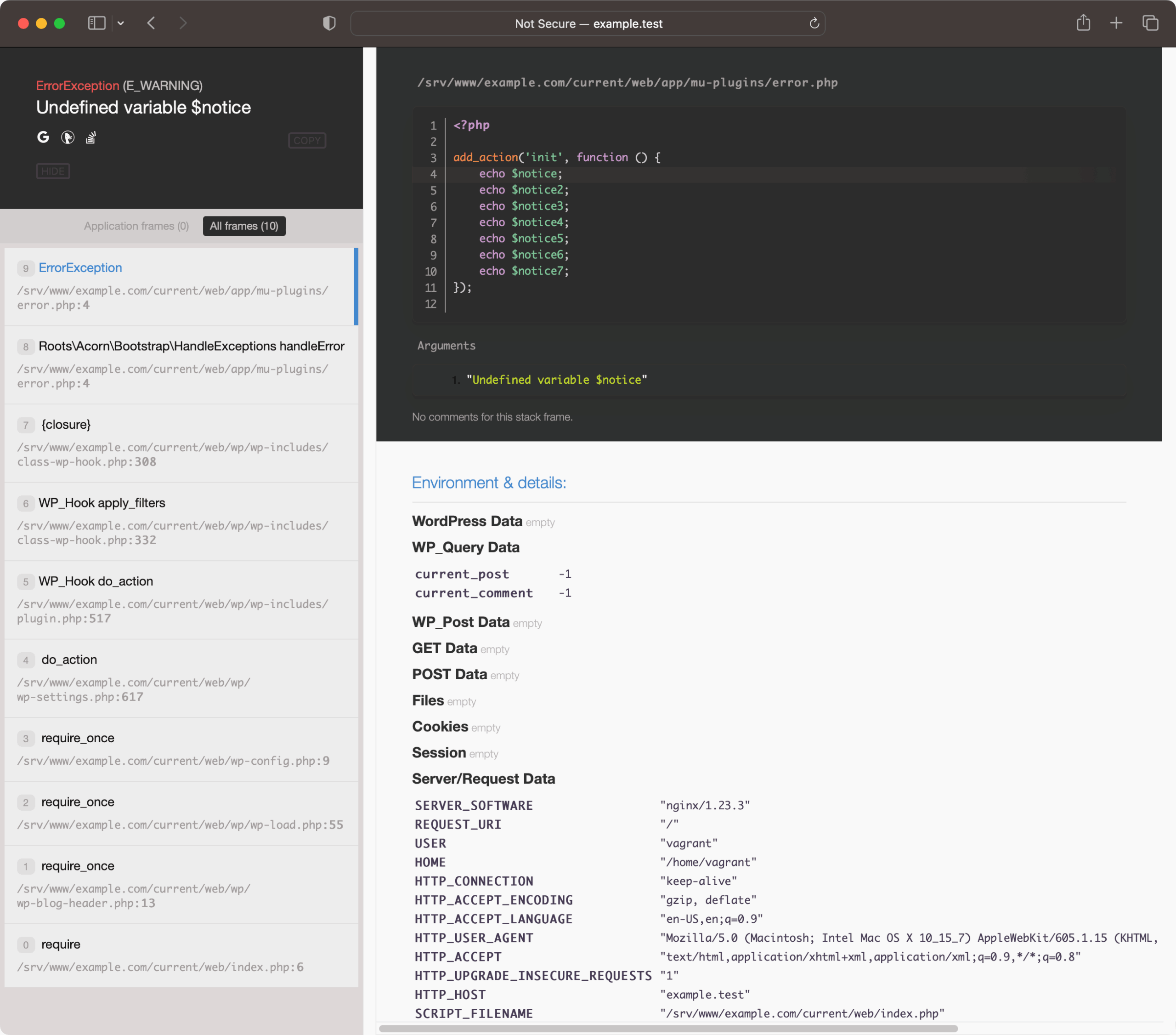 Whoops ca pagină de erori în WordPress prin Acorn