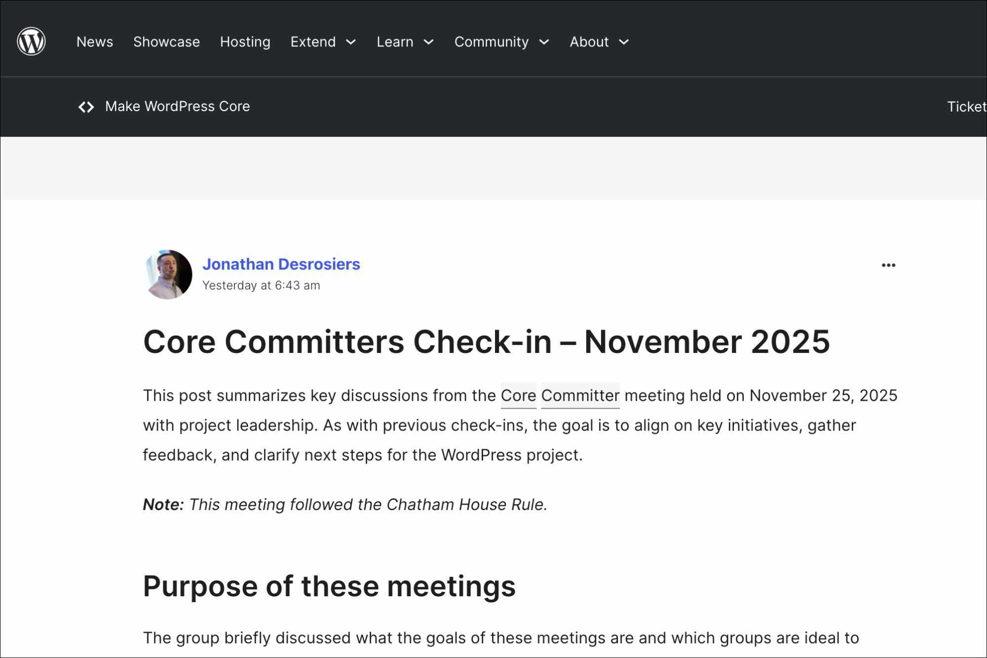 Screenshot příspěvku na Make WordPress Core s názvem Core Committers Check-in – November 2025