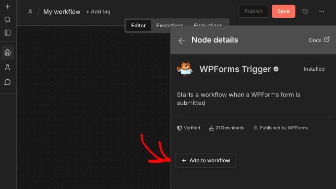 Προσθήκη του WPForms Trigger node στο workflow