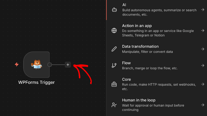 n8n-workflow där man klickar på plus vid nodens utgång för att lägga till en action