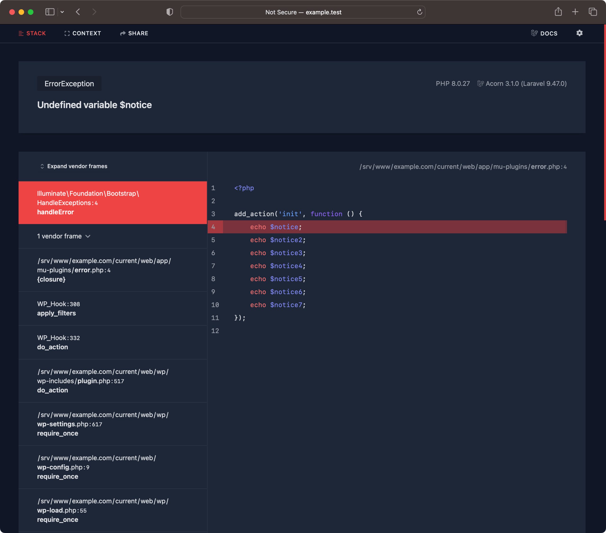 Acorns WP_DEBUG-felvy med Ignition, liknande Laravels moderna error page