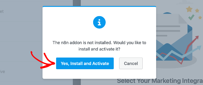 Popup i WPForms som erbjuder att installera och aktivera n8n-addon