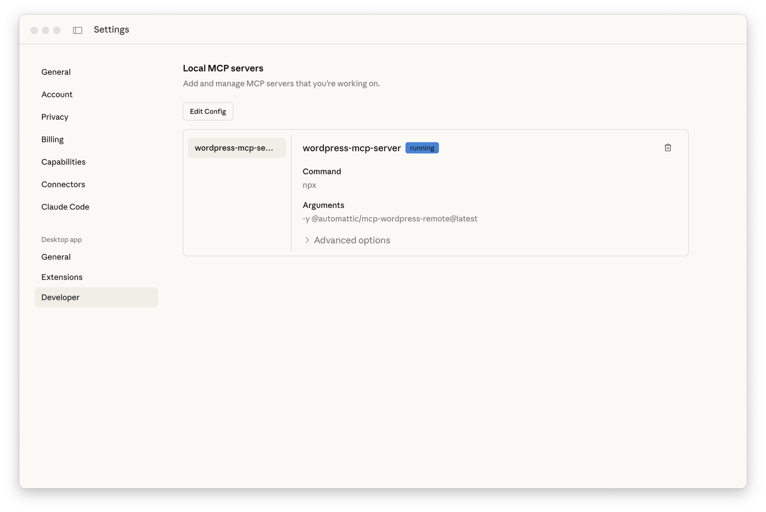 Claude Desktop viser WordPress MCP server som running under Local MCP servers