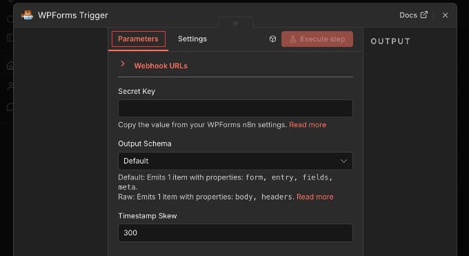 Nastavenia WPForms Trigger node v n8n v časti Parameters