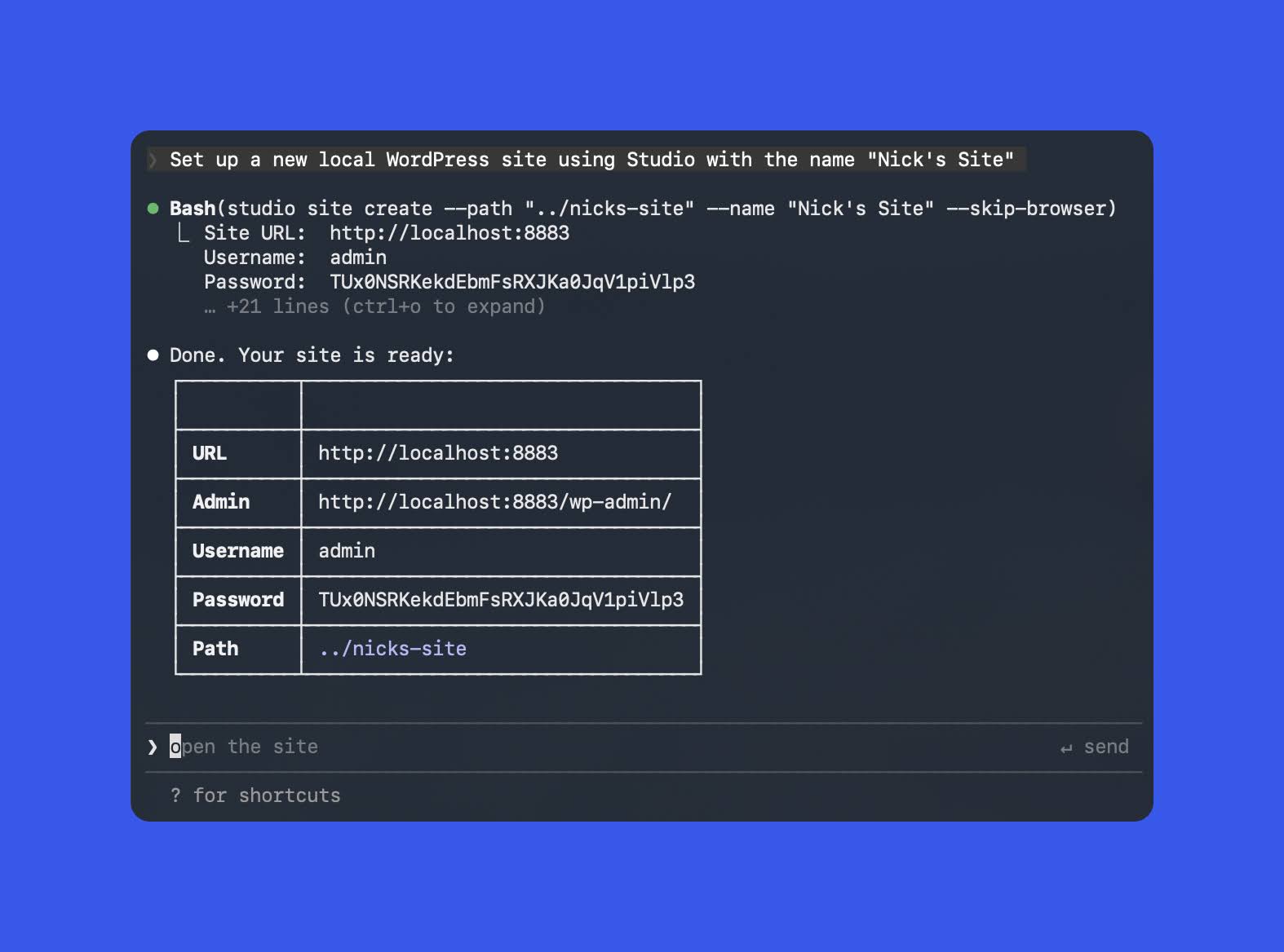 Vytvorenie nového lokálneho webu cez Studio CLI (ukážka výstupu)