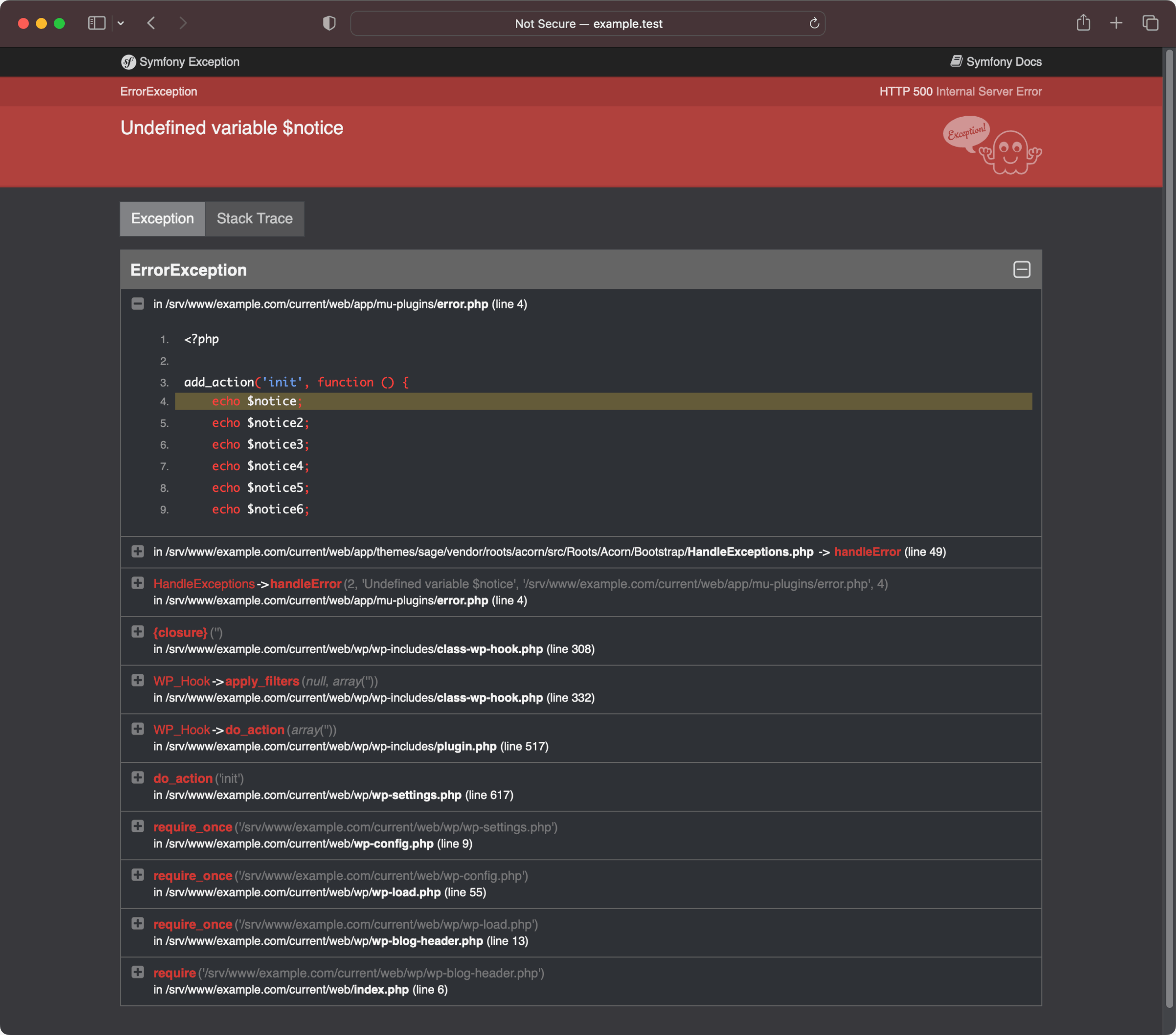 Acornov privzeti WP_DEBUG izpis s Symfony exception handlerjem