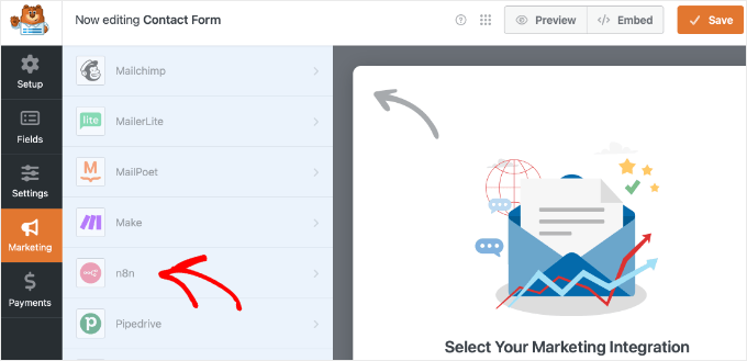 WPForms form builder: Marketing menüü alt n8n valik