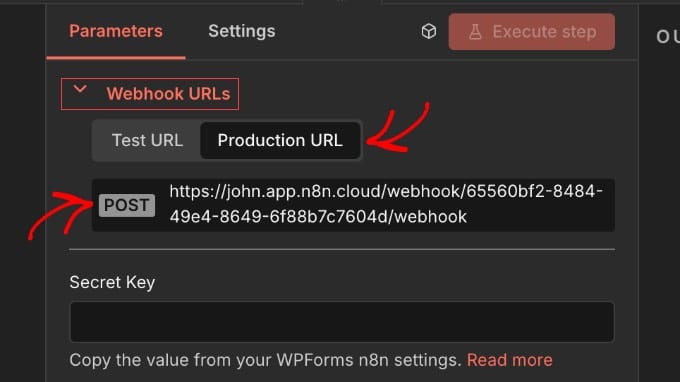 n8n Production URL kopēšana no WPForms Trigger node