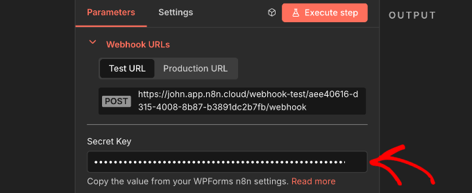 WPForms Secret Key ievade n8n WPForms Trigger node iestatījumos