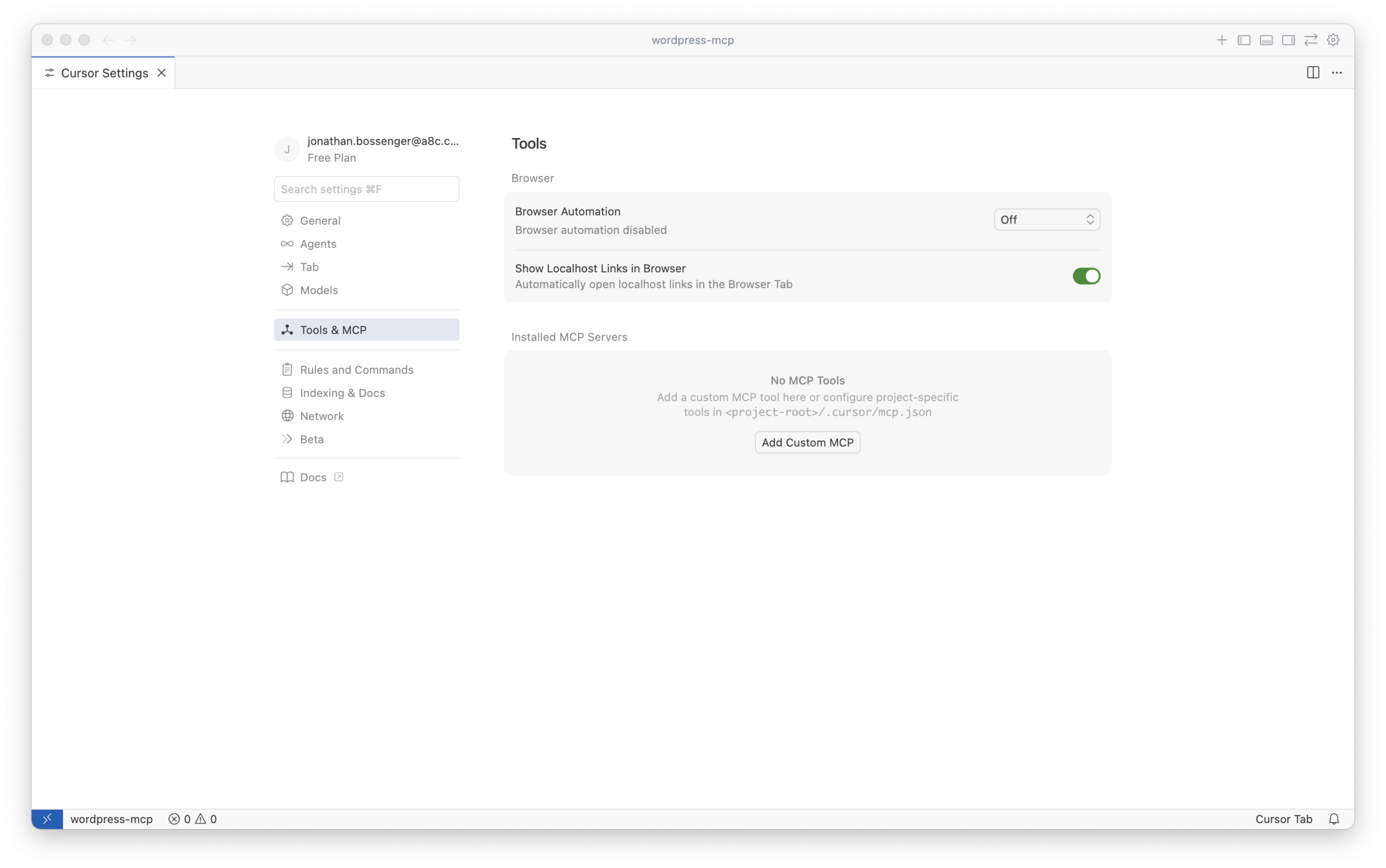 Cursor Tools & MCP beállítások panel