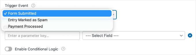WPForms Trigger Event pasirinkimas (Form Submitted, Spam, Payment)
