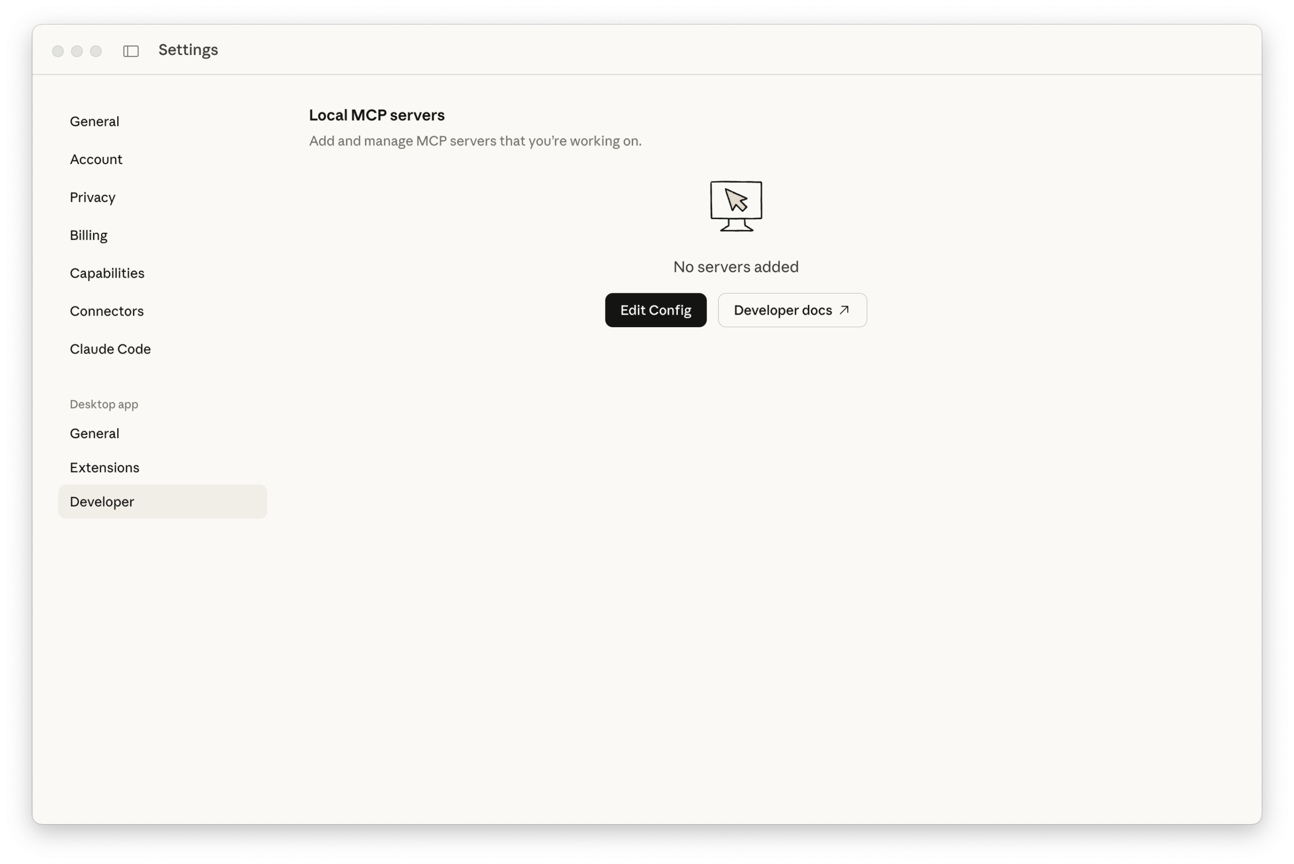 Claude Desktop: панелът Developer settings