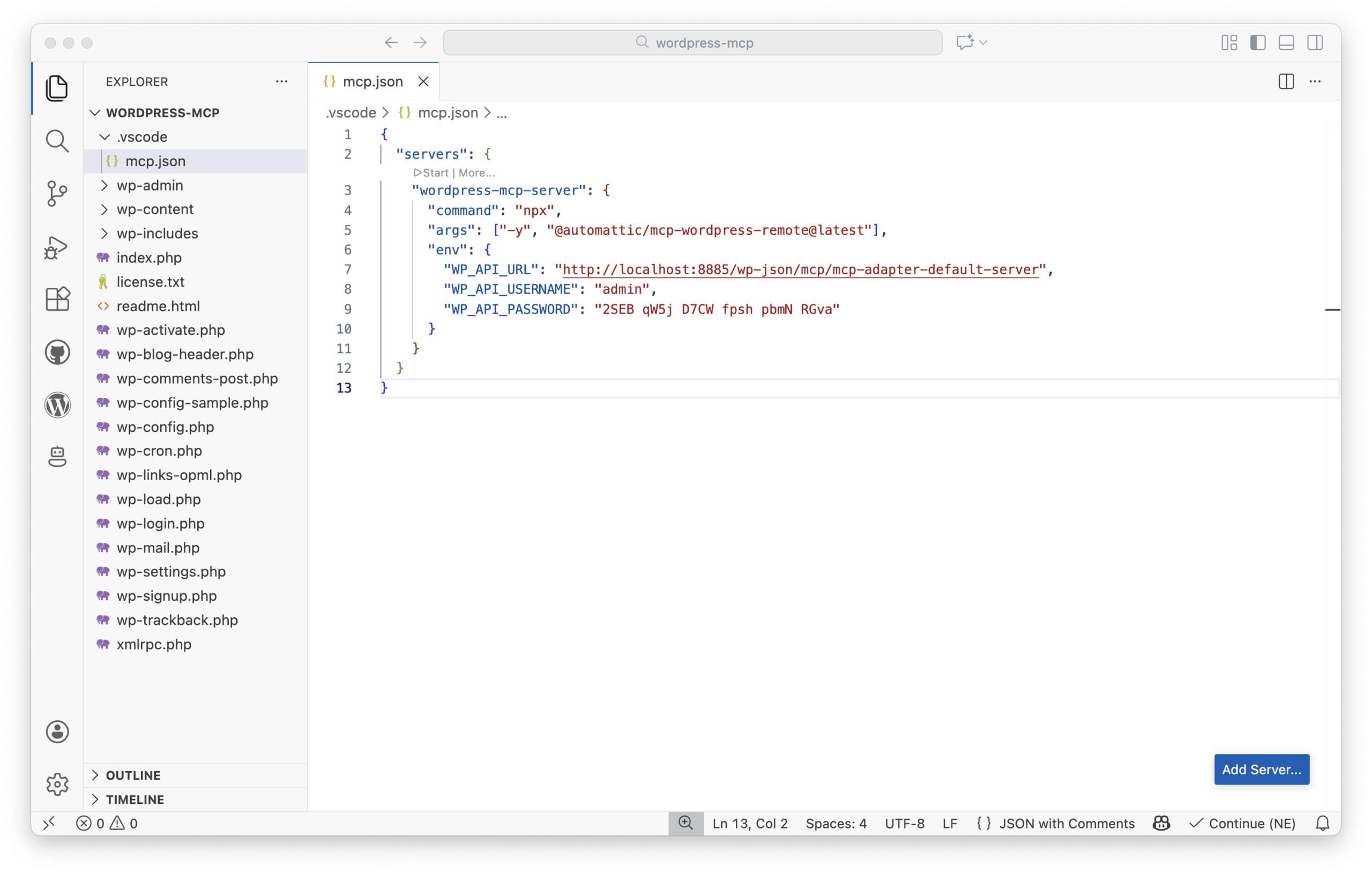 VS Code: mcp.json с конфигурация на MCP server за WordPress