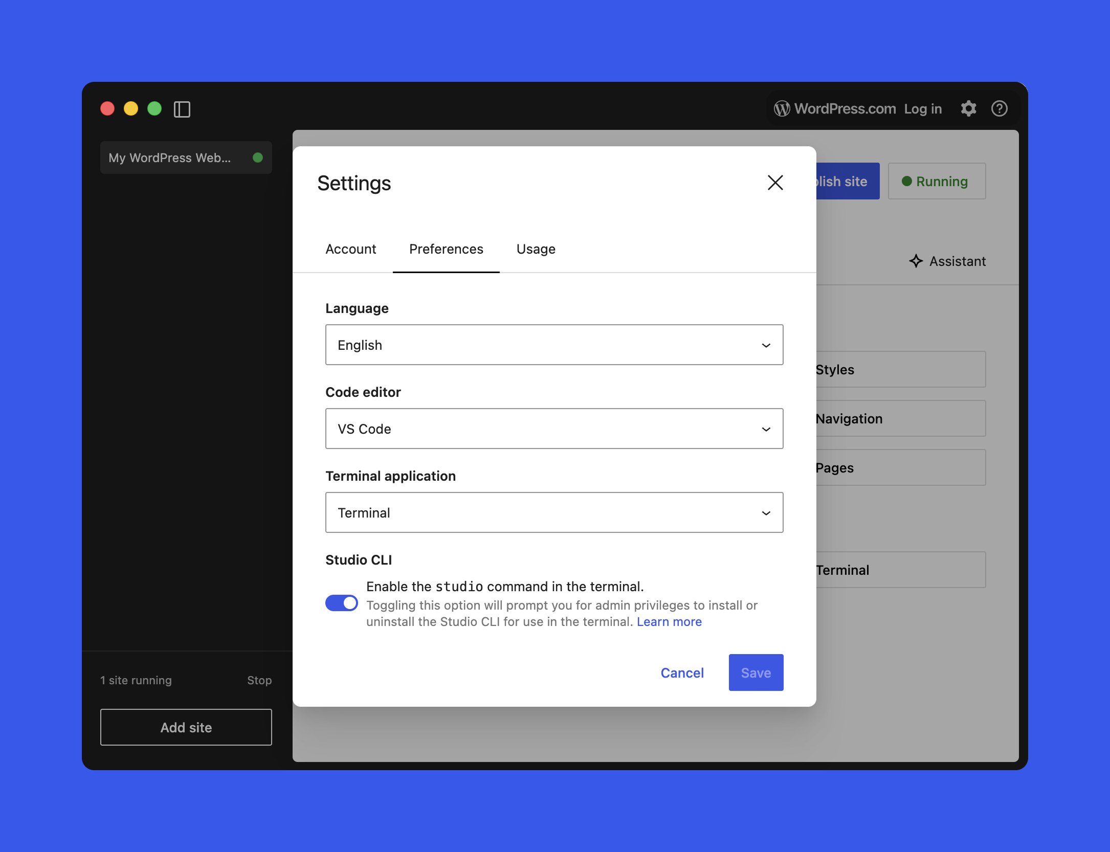 Екран със Settings в WordPress Studio и опция за включване на Studio CLI