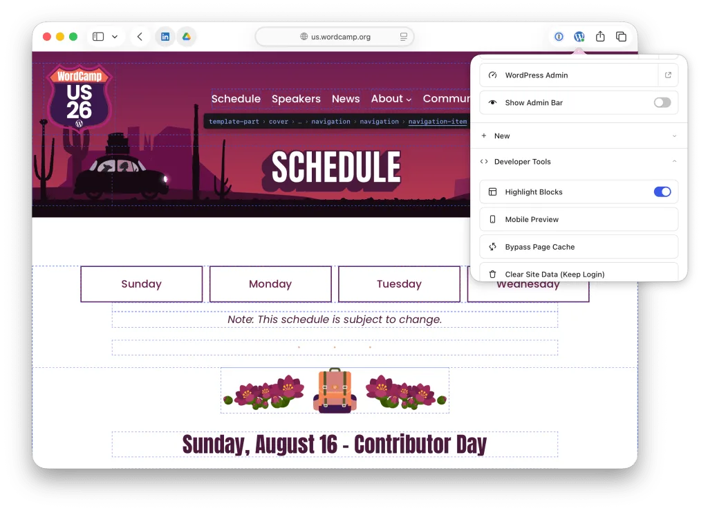 WordCamp.org otvoren u Safariju s proširenim razvojnim alatima WordPress Browser Extensiona i označenim granicama blokova