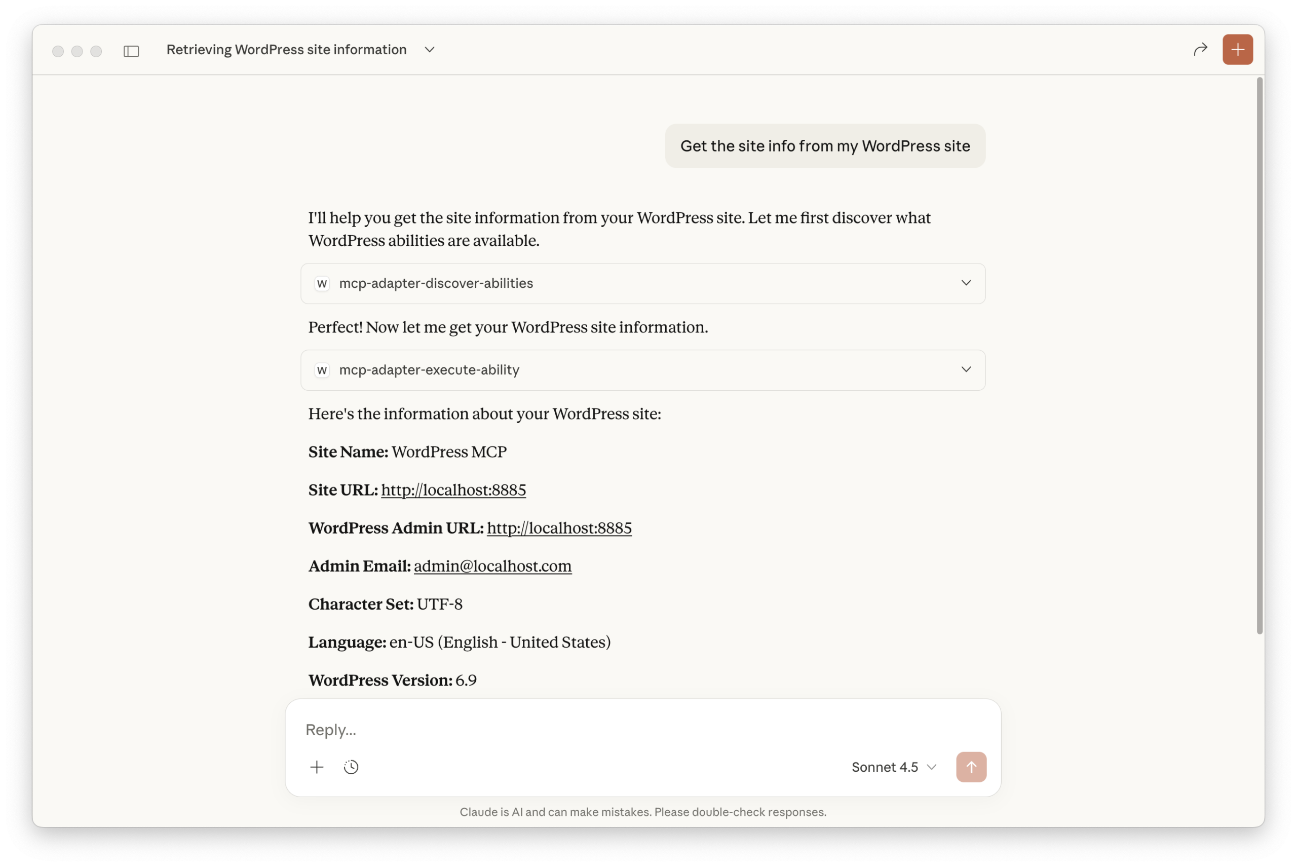 Claude Desktop: Anfrage an WordPress MCP Server und Ergebnisanzeige