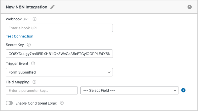 Paramètres de l’intégration n8n dans WPForms