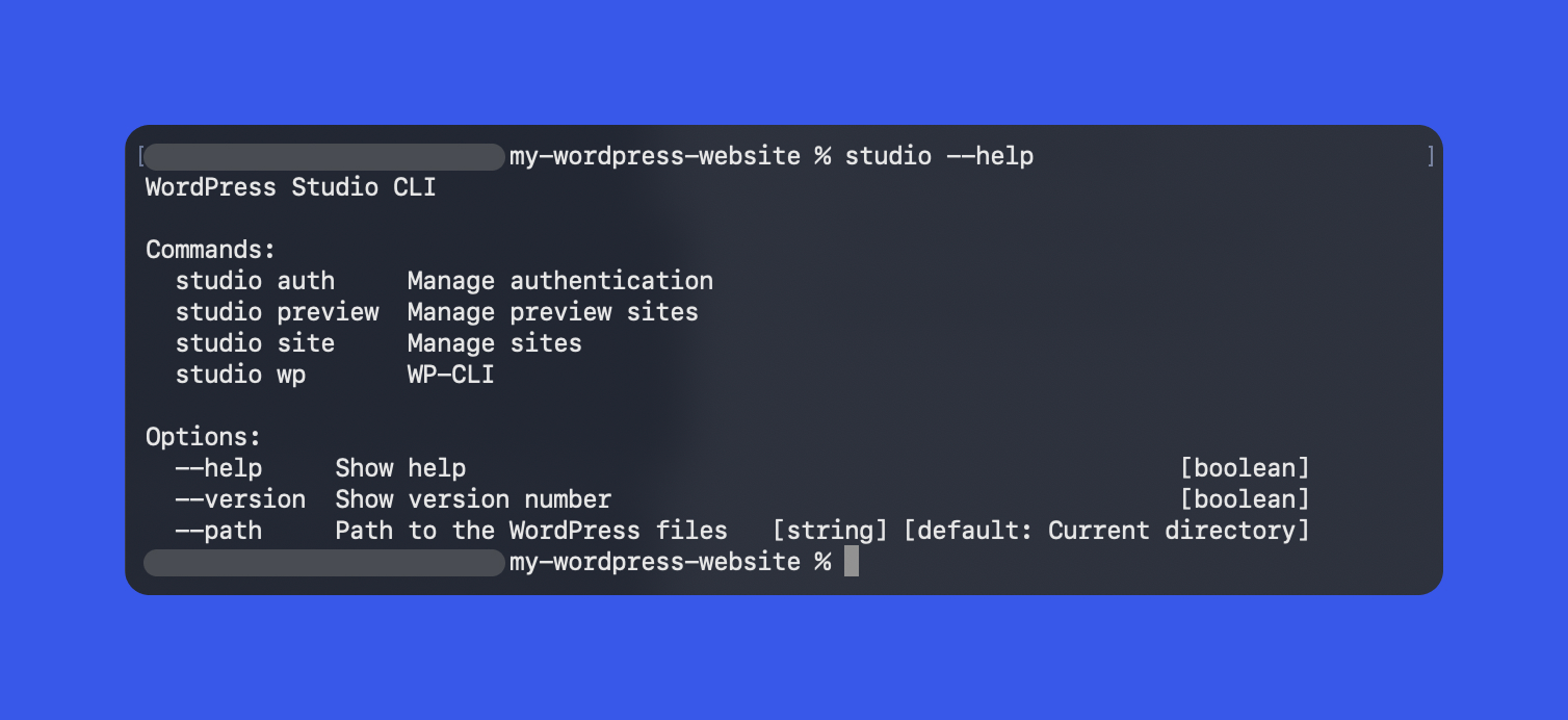 Sortie d’aide de la commande studio --help dans WordPress Studio CLI