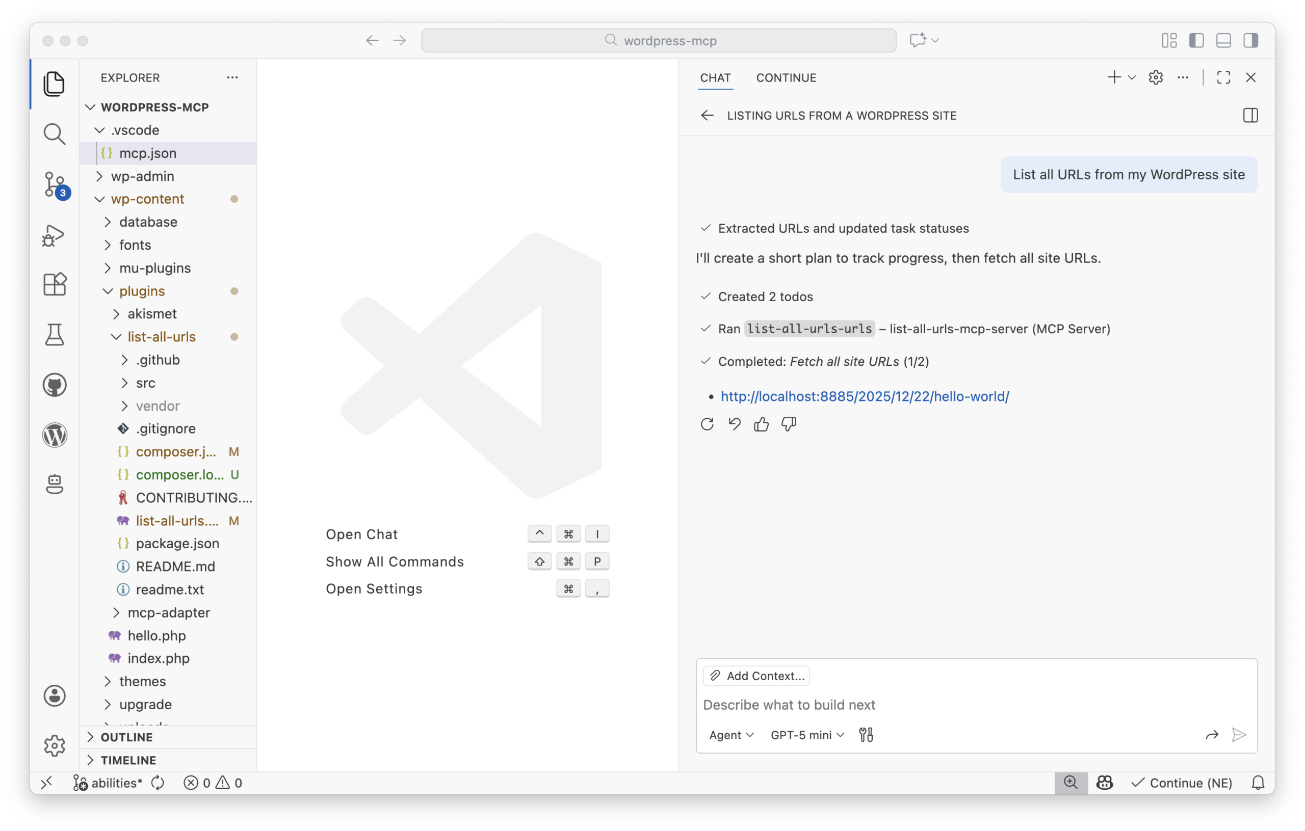 VS Code usando tools MCP para consultar las URLs listadas por el plugin List All URLs