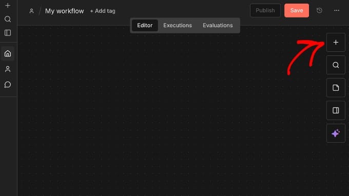 n8n workflow editor met plus-icoon om een node toe te voegen
