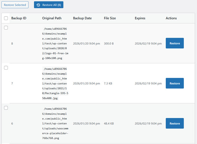 Interface de restauro de variações de imagens apagadas no WP Media Cleanup