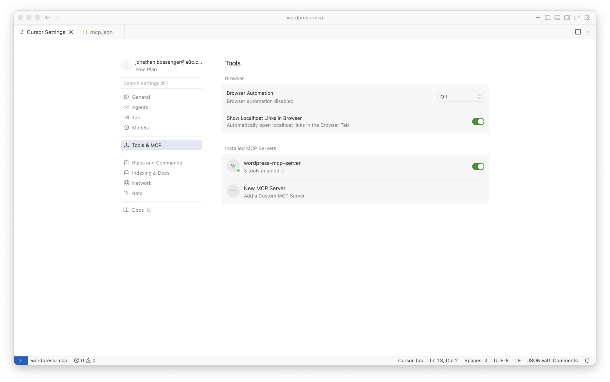 Cursor com o WordPress MCP Server adicionado na lista de MCP