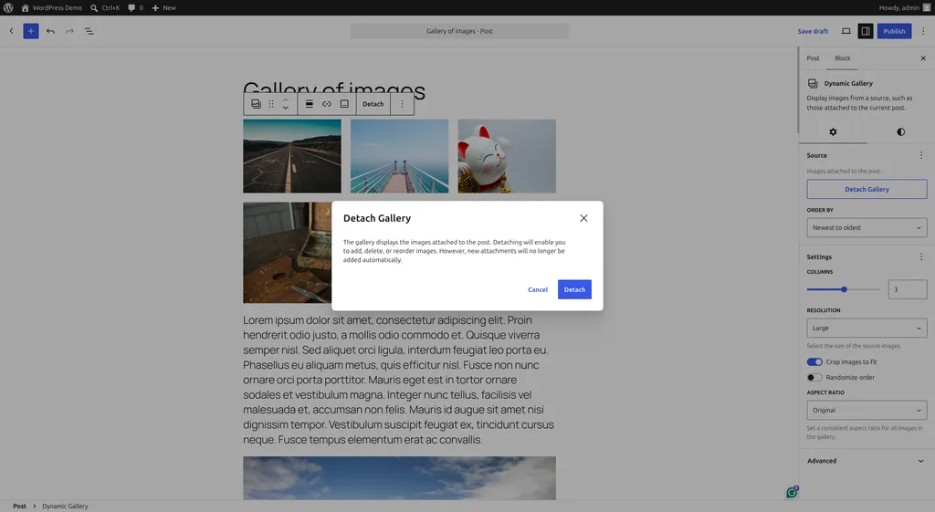 Janela de confirmação ao separar imagens da Galeria dinâmica